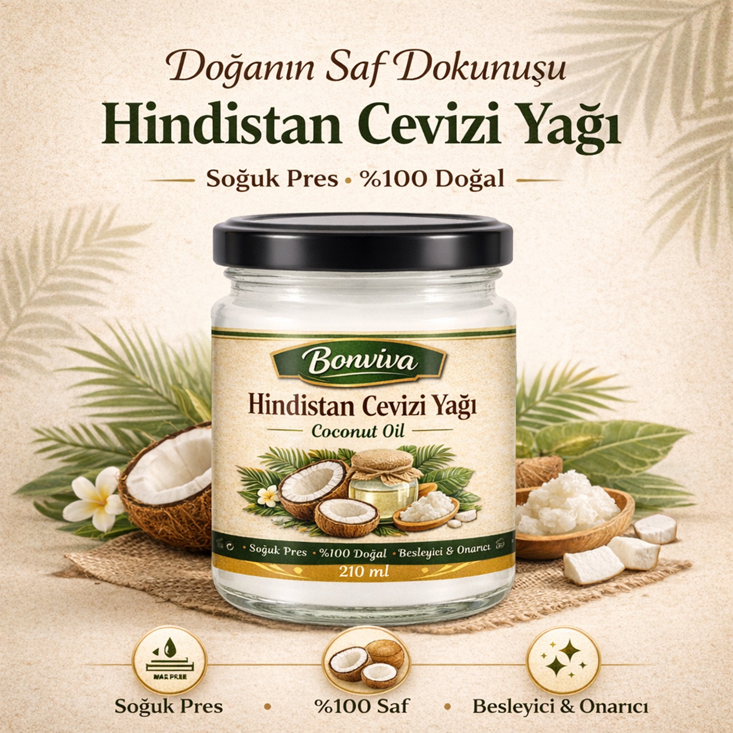 hcvz2100 BONVİVA Hindistan Cevizi Yağı 210 ml - Görsel 1