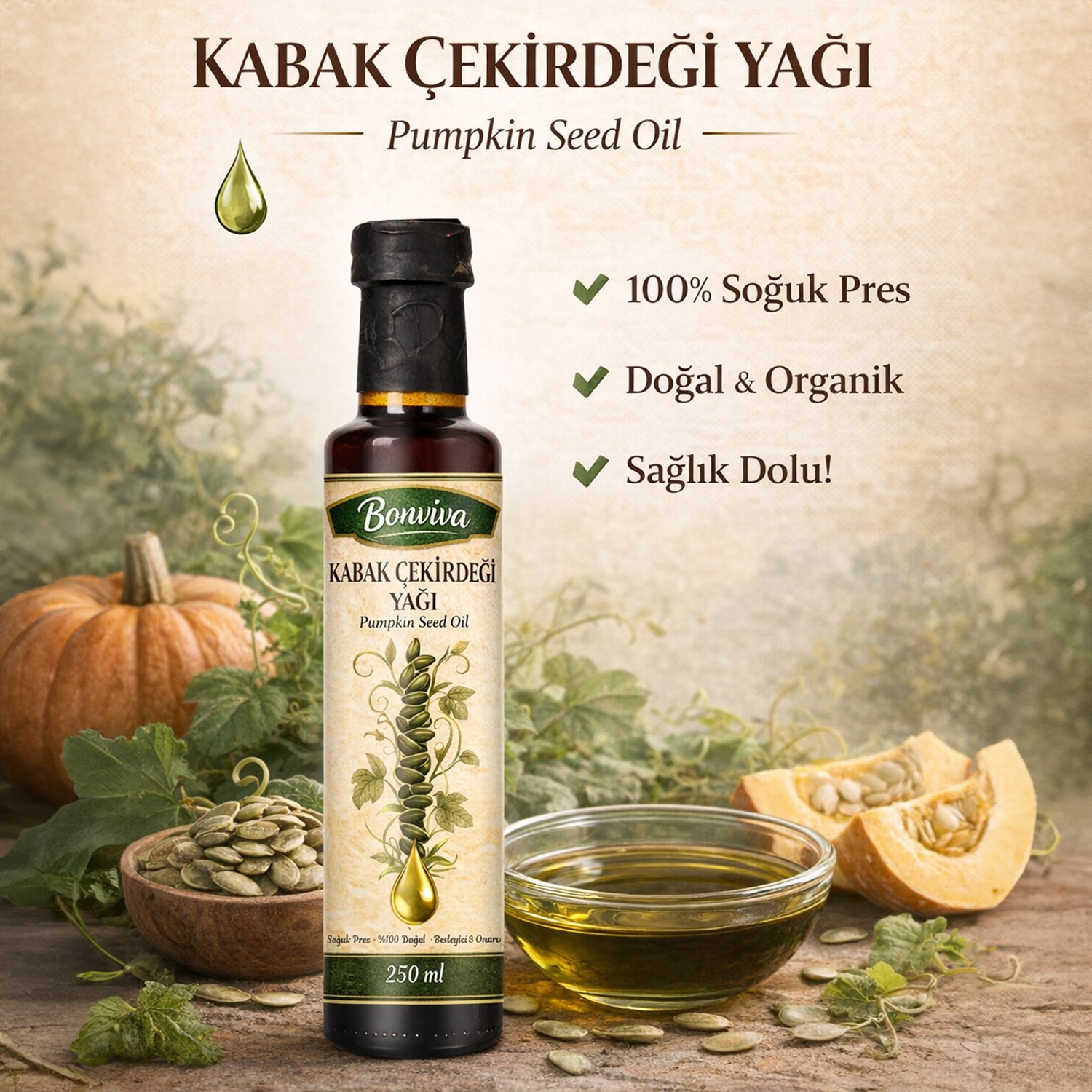 kabçek BONVİVA Soğuk Sıkım Saf Kabak Çekirdeği Yağı 250 ml - Görsel 1