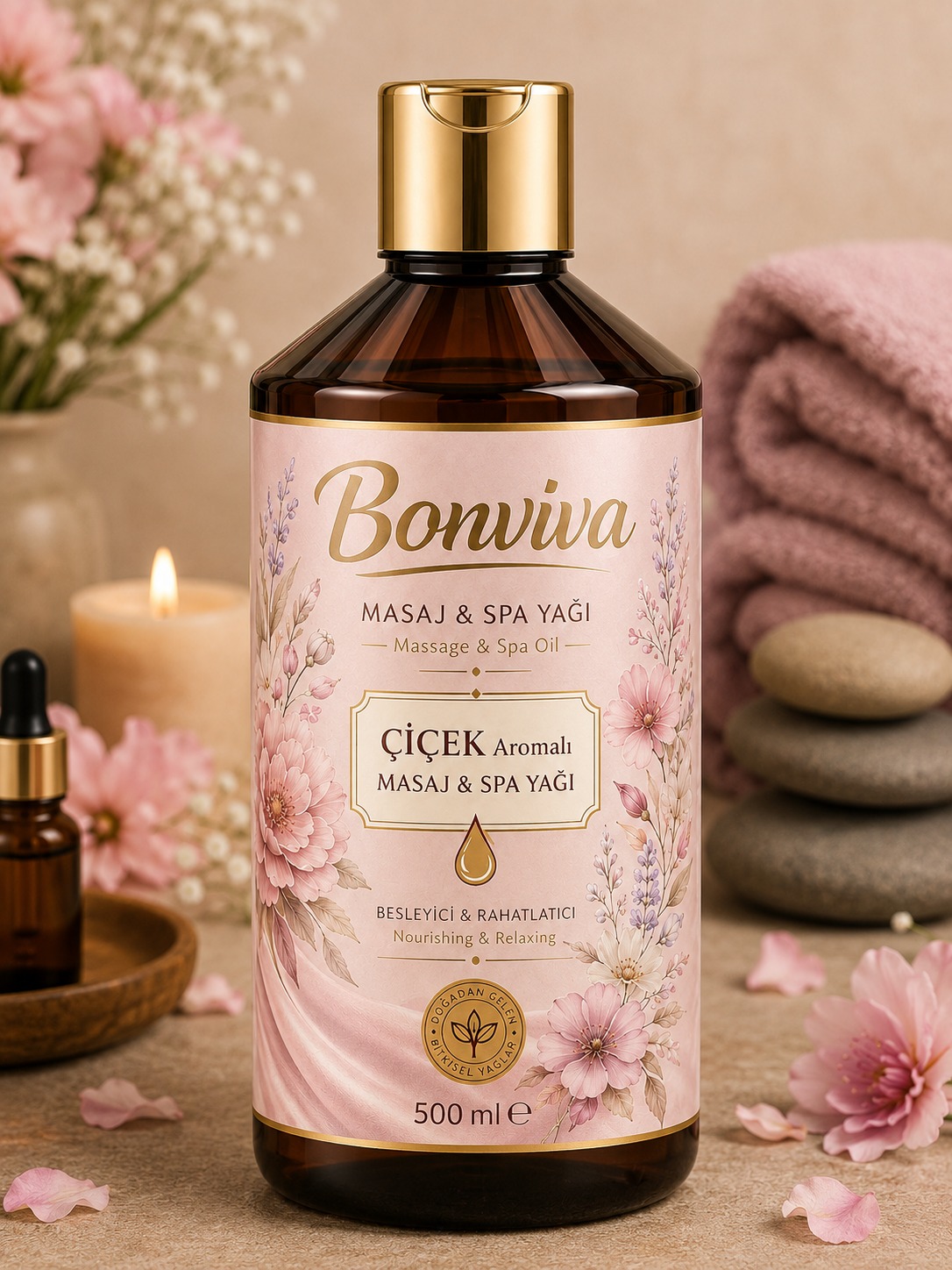 spaçiçek500 BONVİVA Çiçek Özlü Aromaterapi Masaj ve Spa Yağı 500 ml - Görsel 1